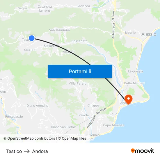 Testico to Andora map