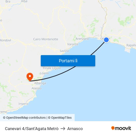 Canevari 4/Sant'Agata Metrò to Arnasco map