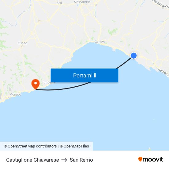 Castiglione Chiavarese to San Remo map