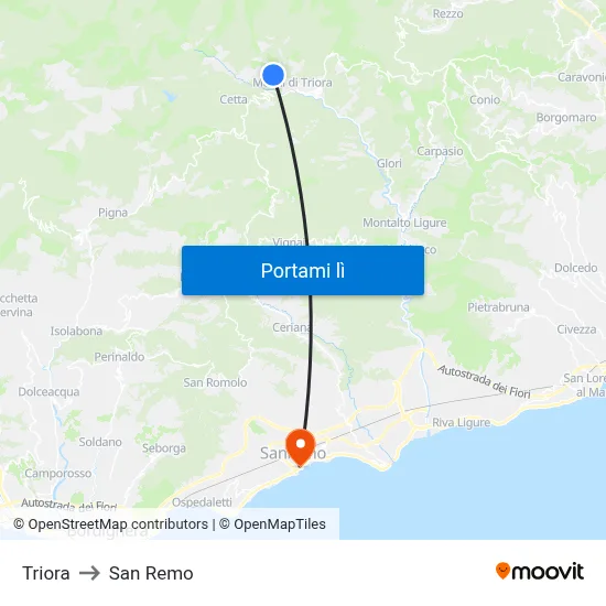 Triora to San Remo map
