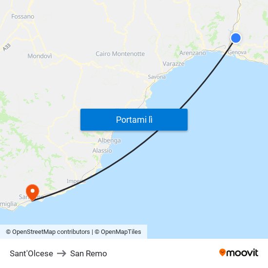 Sant'Olcese to San Remo map