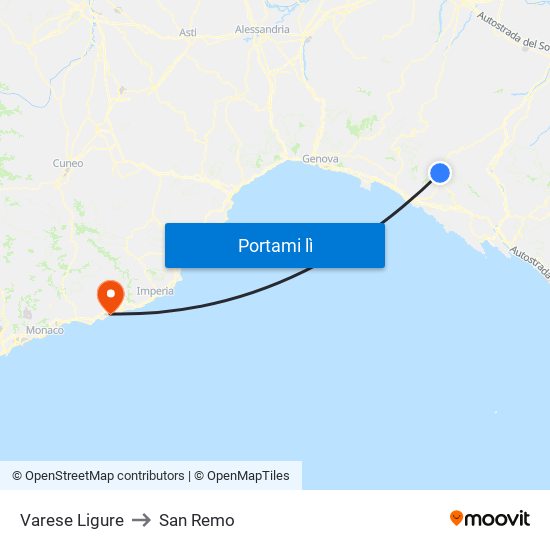 Varese Ligure to San Remo map