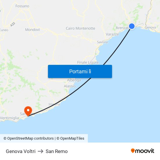 Genova Voltri to San Remo map