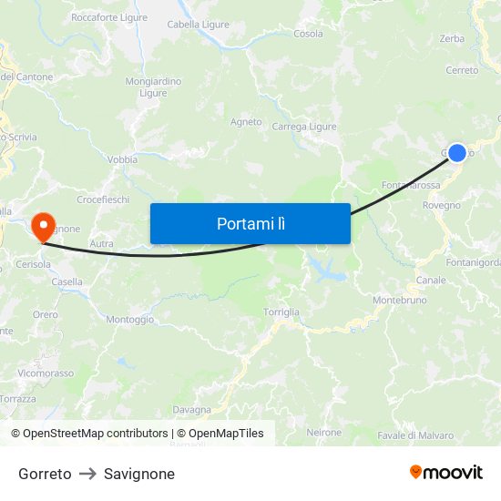 Gorreto to Savignone map
