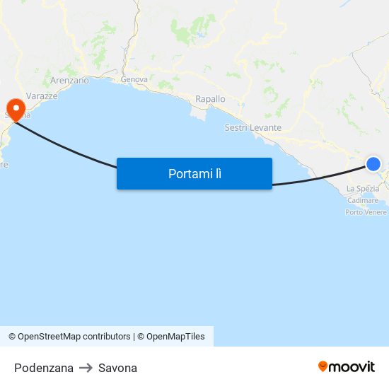 Podenzana to Savona map