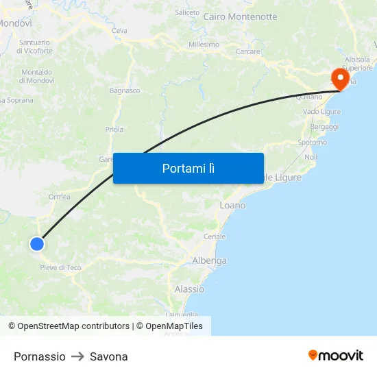 Pornassio to Savona map