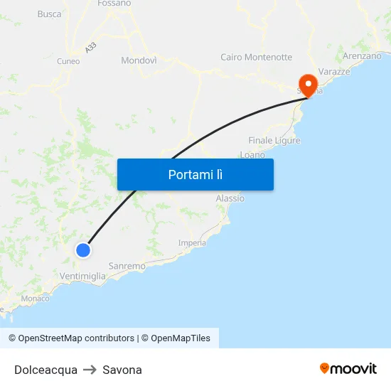 Dolceacqua to Savona map