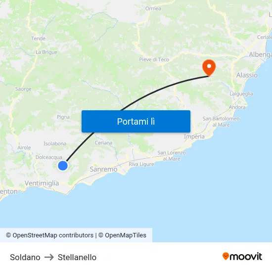 Soldano to Stellanello map