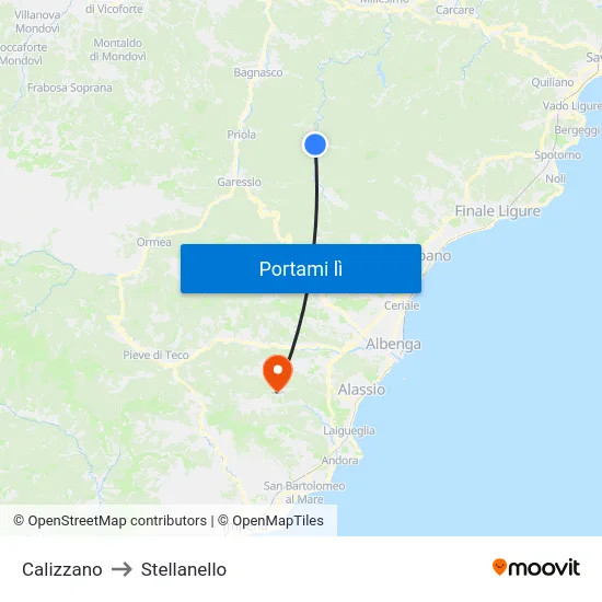 Calizzano to Stellanello map