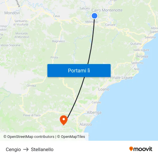 Cengio to Stellanello map
