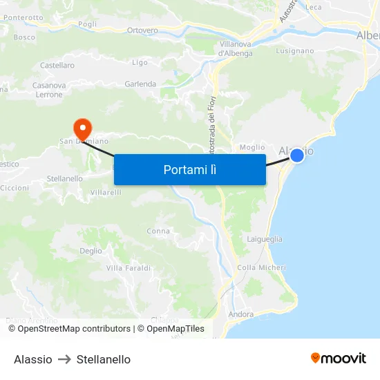Alassio to Stellanello map