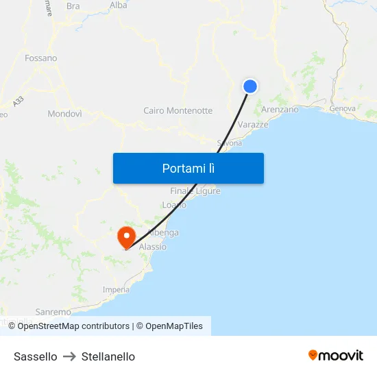 Sassello to Stellanello map