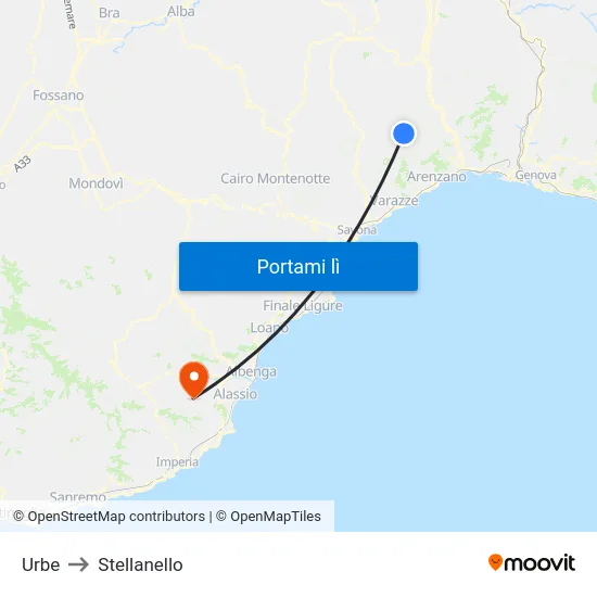 Urbe to Stellanello map