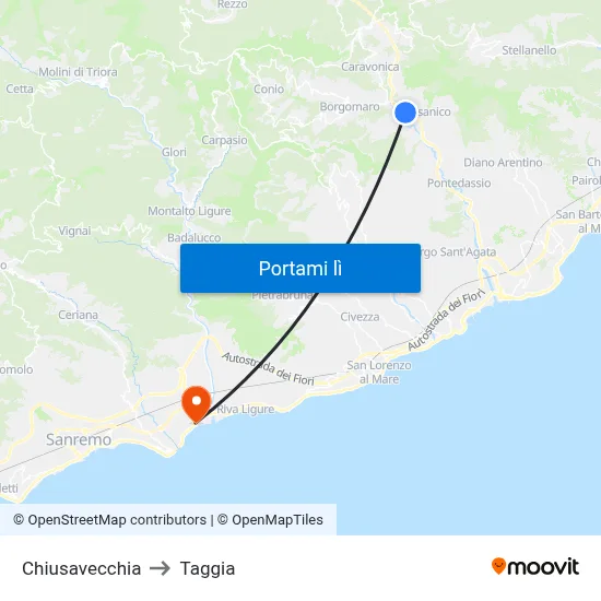 Chiusavecchia to Taggia map