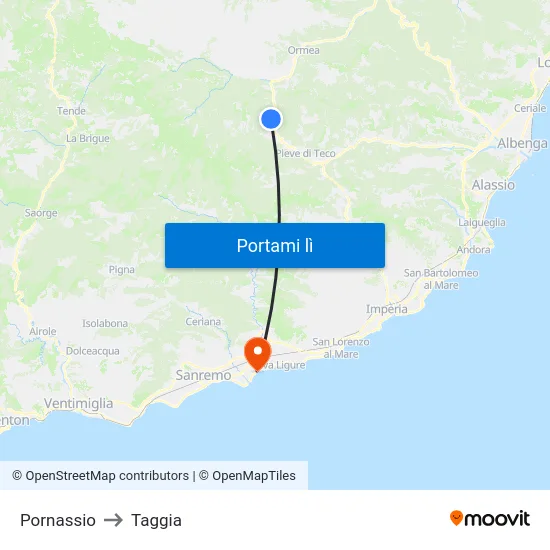 Pornassio to Taggia map