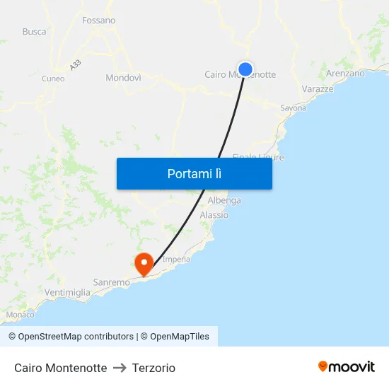 Cairo Montenotte to Terzorio map