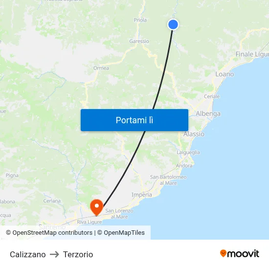 Calizzano to Terzorio map