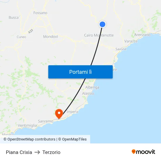 Piana Crixia to Terzorio map