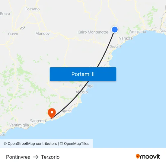 Pontinvrea to Terzorio map
