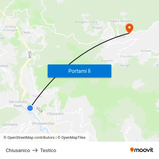 Chiusanico to Testico map