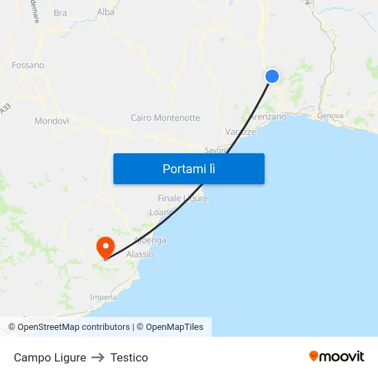 Campo Ligure to Testico map