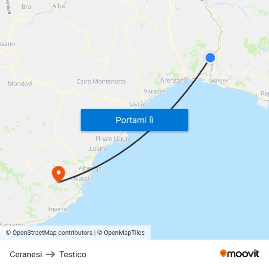 Ceranesi to Testico map
