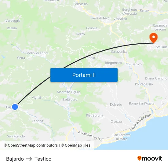 Bajardo to Testico map