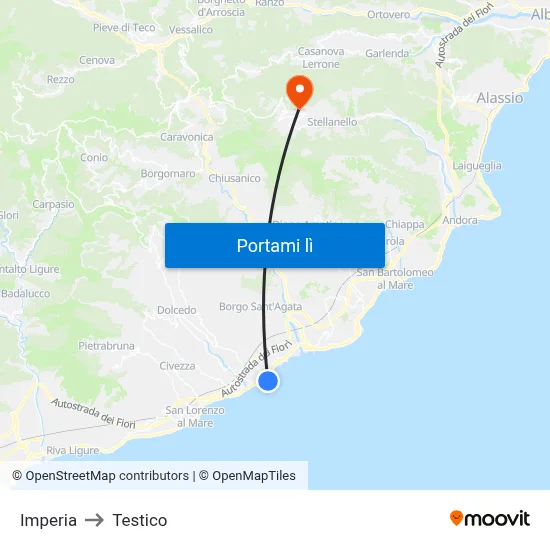 Imperia to Testico map