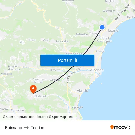Boissano to Testico map