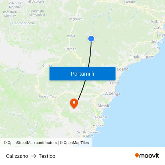 Calizzano to Testico map