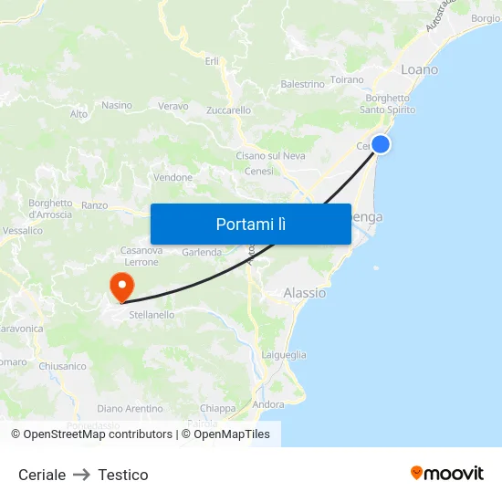 Ceriale to Testico map
