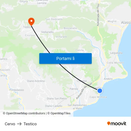 Cervo to Testico map