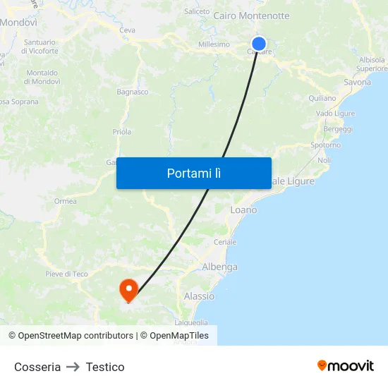 Cosseria to Testico map