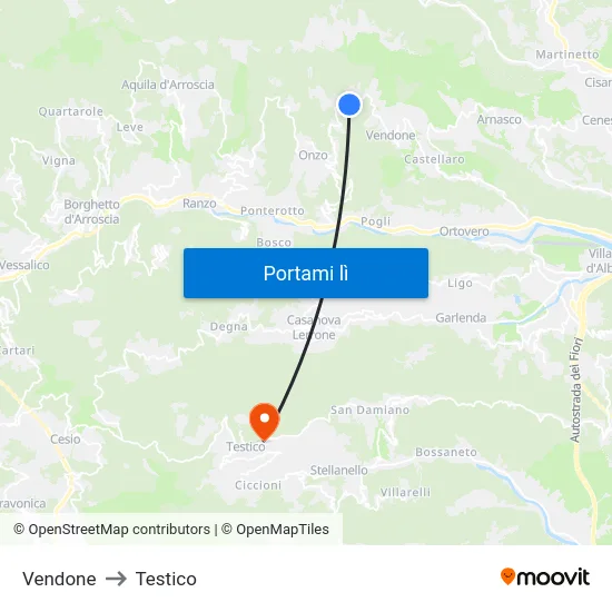 Vendone to Testico map