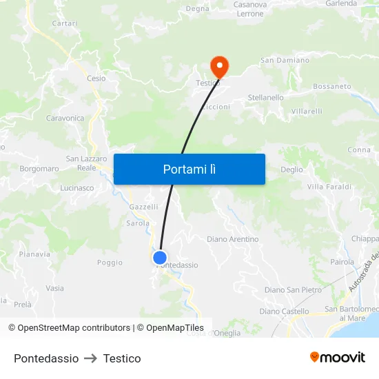 Pontedassio to Testico map