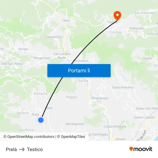 Prelà to Testico map