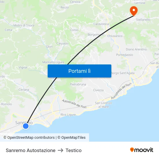 Sanremo Autostazione to Testico map