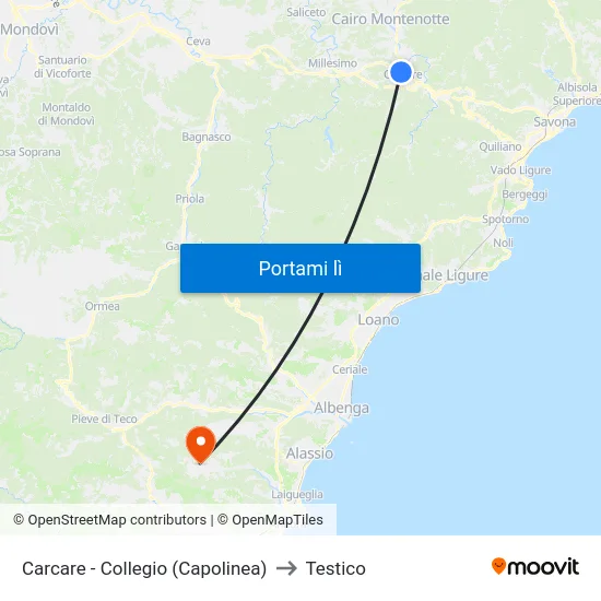 Carcare - Collegio (Capolinea) to Testico map