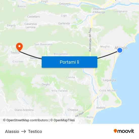 Alassio to Testico map