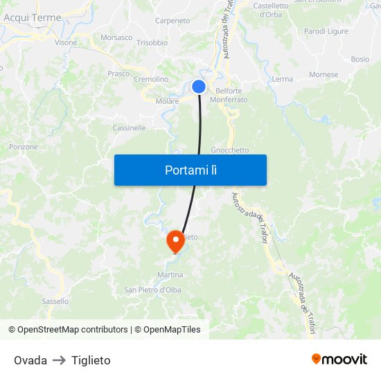 Ovada to Tiglieto map