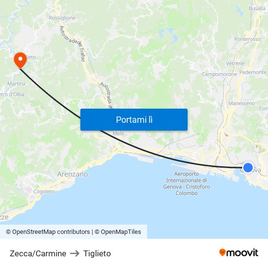 Zecca/Carmine to Tiglieto map