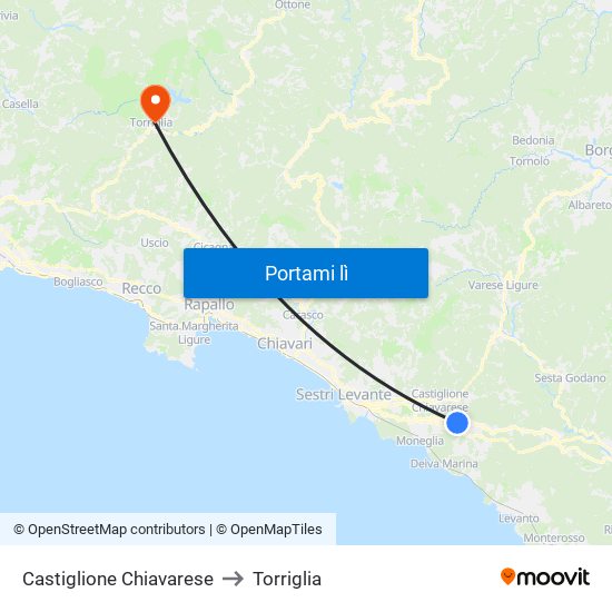 Castiglione Chiavarese to Torriglia map