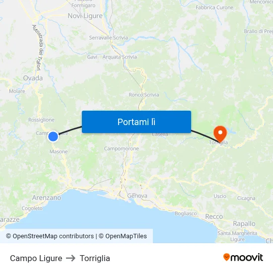 Campo Ligure to Torriglia map