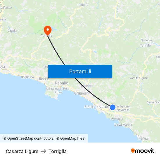 Casarza Ligure to Torriglia map