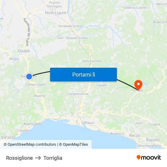 Rossiglione to Torriglia map