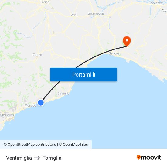 Ventimiglia to Torriglia map