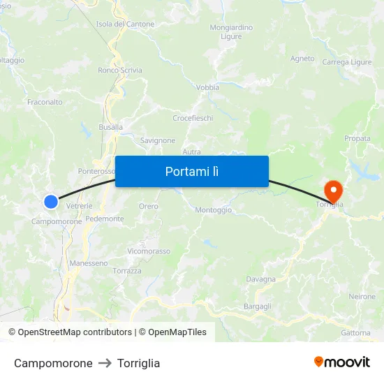 Campomorone to Torriglia map