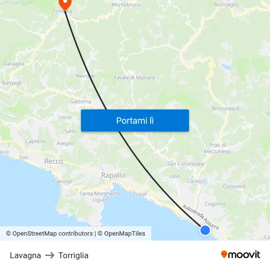 Lavagna to Torriglia map