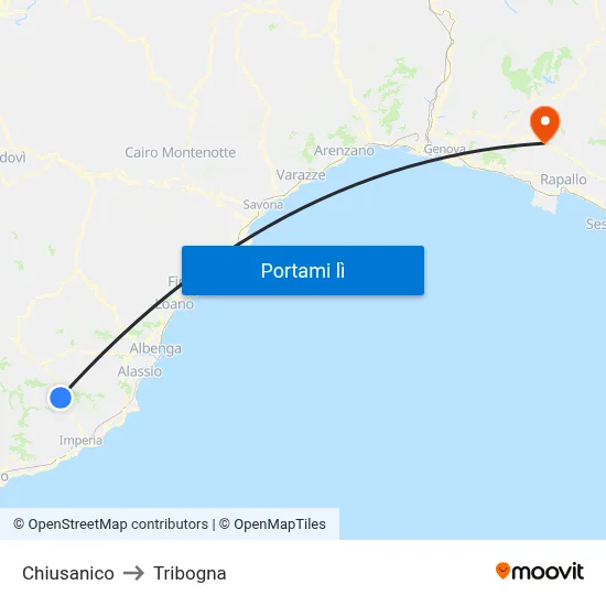 Chiusanico to Tribogna map