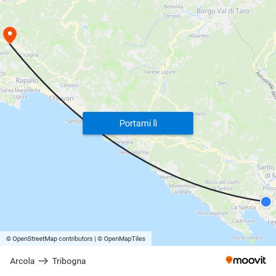 Arcola to Tribogna map